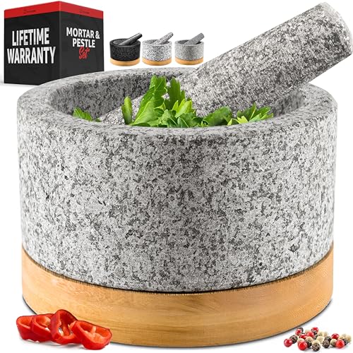 PriorityChef Heavy Duty Mortar and Pestle Set with Bamboo Base 100 Natural Granite Stone Grinder Guacamole Bowl and Masher 2 Cups Grey