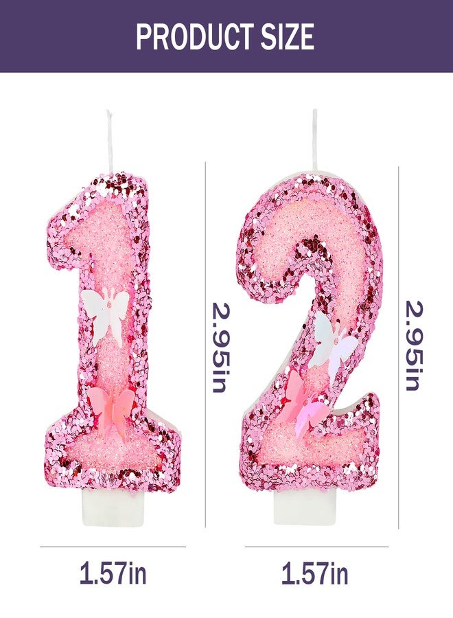 Dephnes Birthday Numbers 12 Candles, Pink Sequin Wedding Numbers Candle Flashing Butterfly Birthday Cake Toppers for Girls Women Anniversary Celebration Party Decorations - Image 2