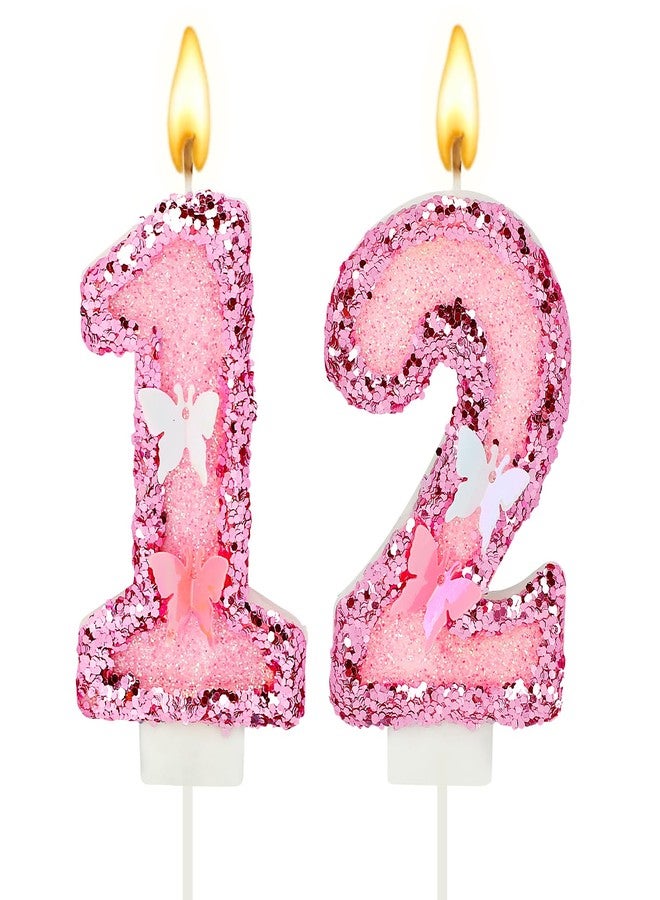 Dephnes Birthday Numbers 12 Candles, Pink Sequin Wedding Numbers Candle Flashing Butterfly Birthday Cake Toppers for Girls Women Anniversary Celebration Party Decorations - Image 1
