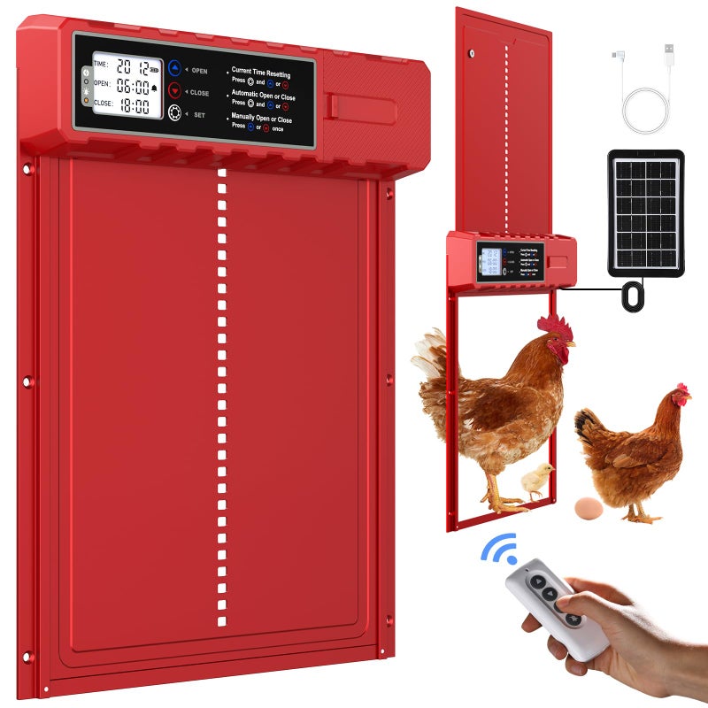 FabStyl Automatic Chicken Coop Door Solar Powered with XL Large Size 108x 142 Red Auto Chicken Door Design with USBC Charging 3 Modes AntiPinch Aluminum Alloy Weather Proof - Image 2