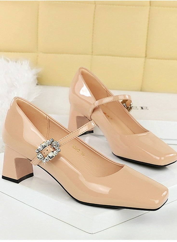 BIGTREE Mary Jane Shoes Mid Chunky Heels Square Closed Toe Pumps With Ankle Strap Beige  - Image 2
