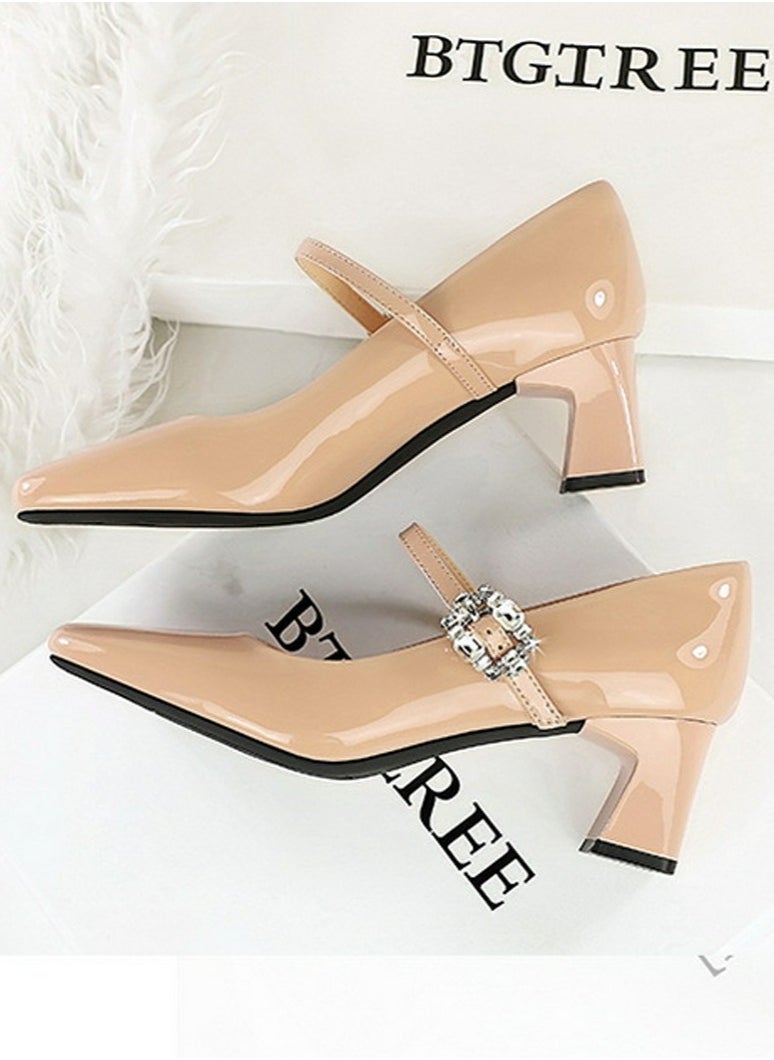 BIGTREE Mary Jane Shoes Mid Chunky Heels Square Closed Toe Pumps With Ankle Strap Beige  - Image 3