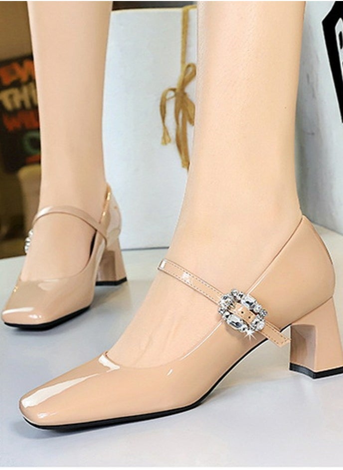 BIGTREE Mary Jane Shoes Mid Chunky Heels Square Closed Toe Pumps With Ankle Strap Beige  - Image 4