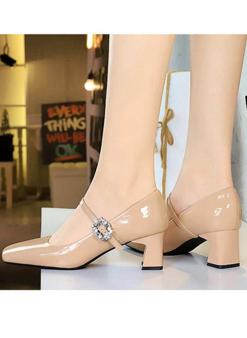 BIGTREE Mary Jane Shoes Mid Chunky Heels Square Closed Toe Pumps With Ankle Strap Beige  - Image 5