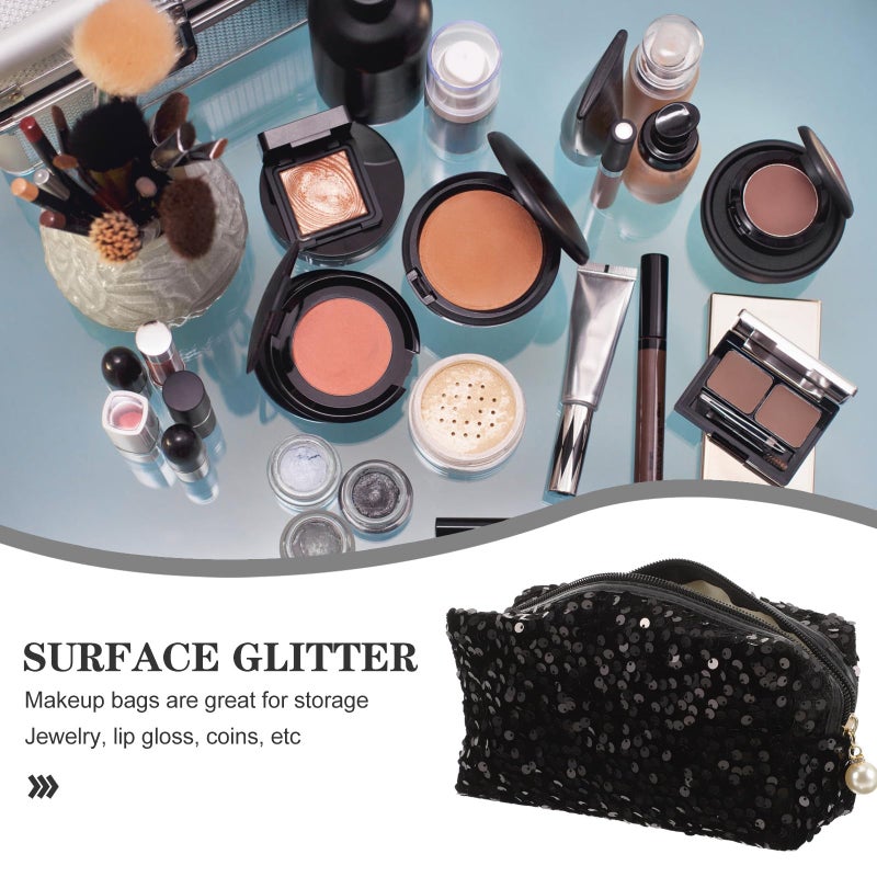 Large Capacity Black Sequin Square Makeup Bag Travel Toiletry Pouch with Zipper - Image 4