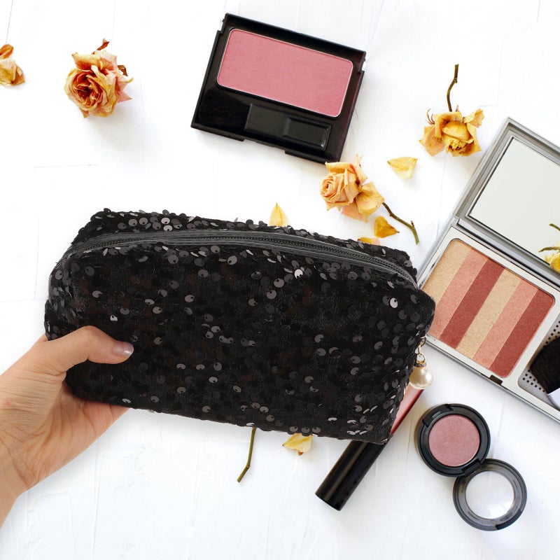 Large Capacity Black Sequin Square Makeup Bag Travel Toiletry Pouch with Zipper - Image 5