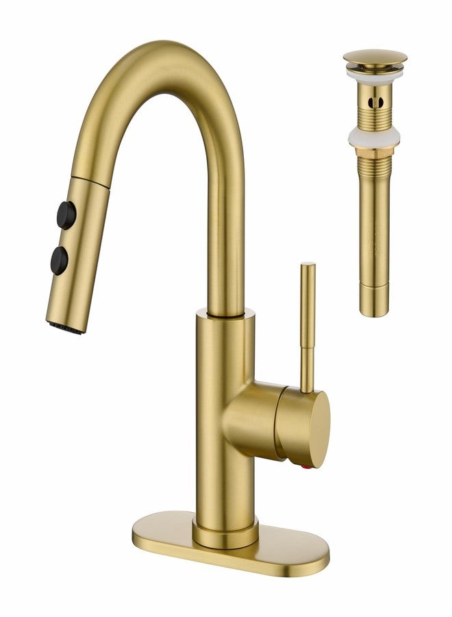 Kablle Bathroom Sink Faucet with Pull Down Sprayer, Brushed Gold Single Handle Pull Out Faucet with Pop-Up Drain, 1 or 3 Hole Laundry Bar Basin Faucet with Deck Plate, KBL-7002BG-CL - Image 1