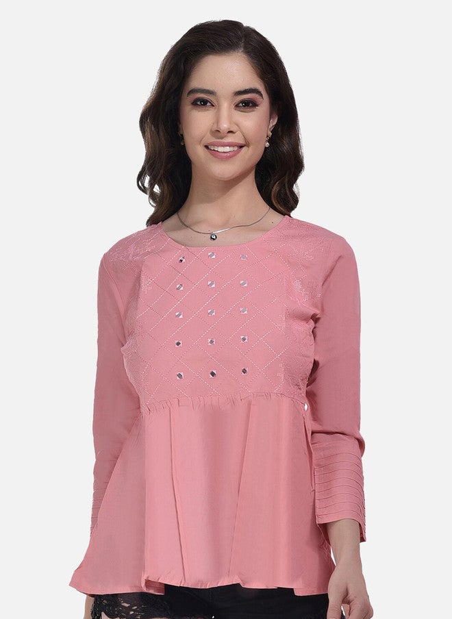 FIMS Pack Of 2 Embellished Round Neck Gathered Cotton Regular Top - Image 2