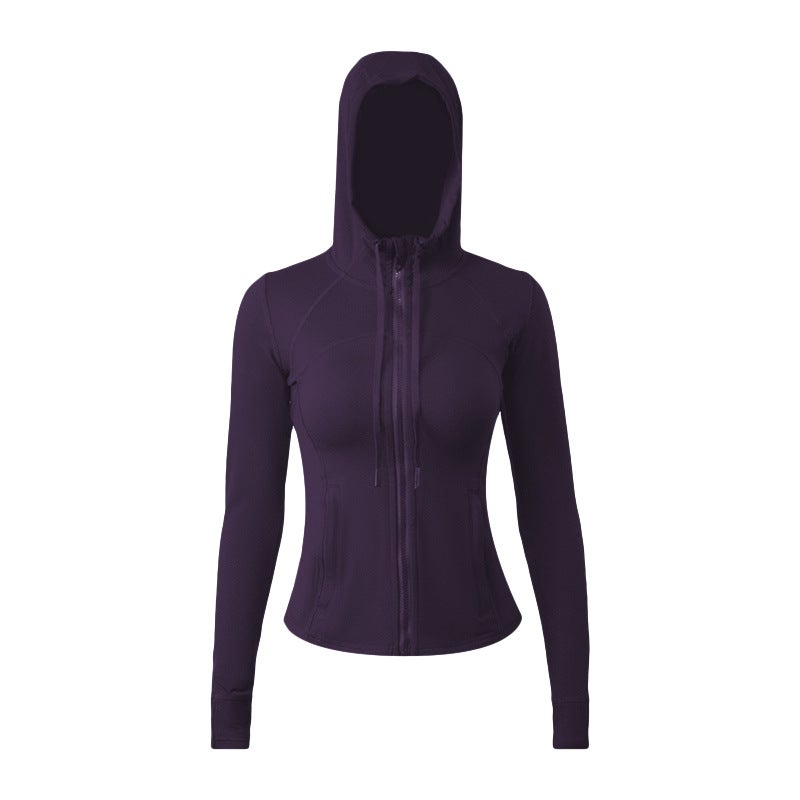 Generic Yoga clothes double-sided brushed womens sports hooded jacket womens high elastic zipper jacket cardigan slim fit nude Eggplant purple 033 hoodie 