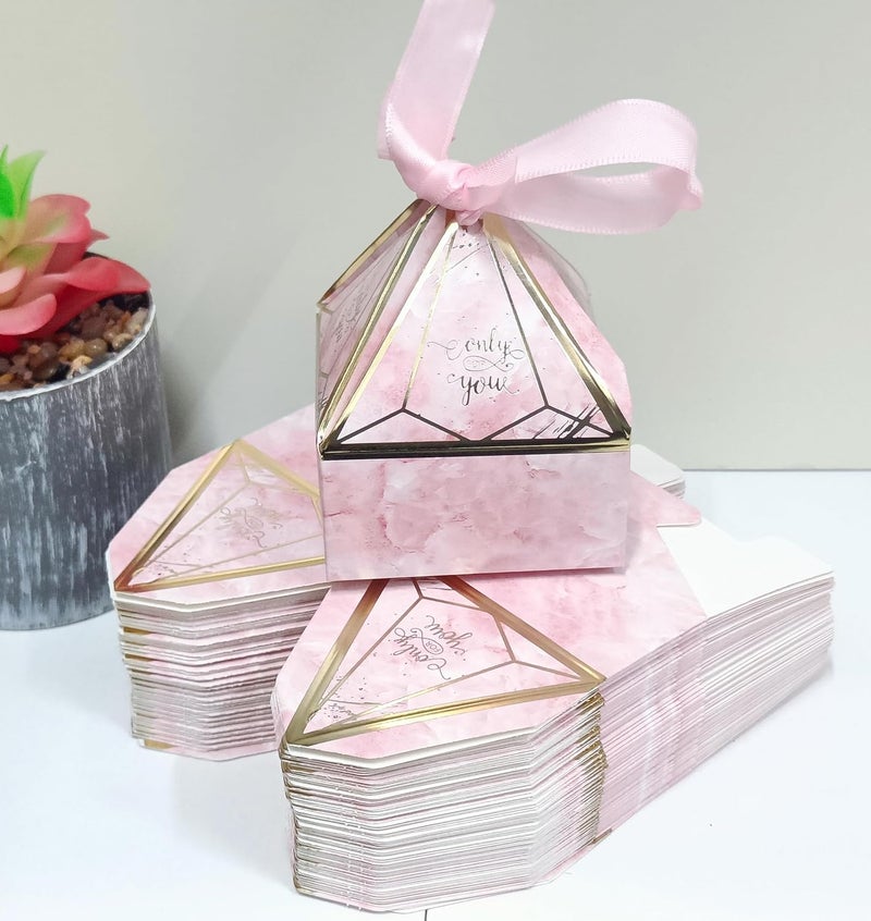 VRB Dec 20 قطعة صناديق هدايا صغيرة على شكل ماسة للتغليف / صناديق هدايا للتقديم ، صناديق هدايا فارغة ، صناديق هدايا للتقديم ، هدايا العودة ، الشوكولاتة ، الفواكه المجففة ، هدايا الزفاف و البوجا. (20 قطعة وردية مع شريط) - Image 3