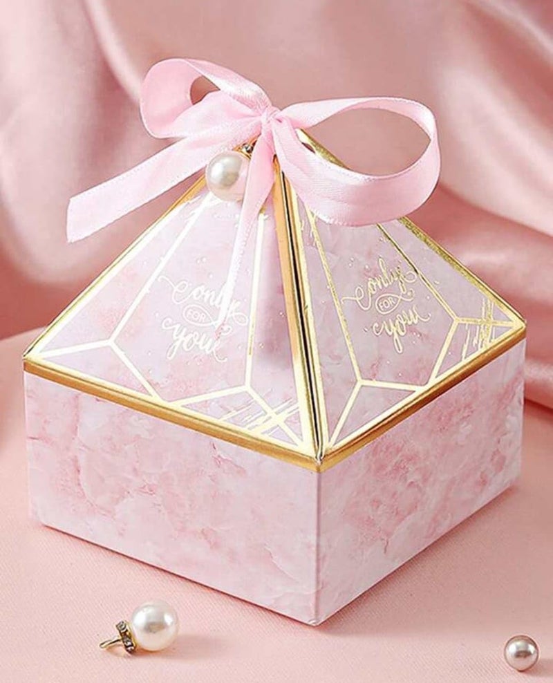 VRB Dec 20 قطعة صناديق هدايا صغيرة على شكل ماسة للتغليف / صناديق هدايا للتقديم ، صناديق هدايا فارغة ، صناديق هدايا للتقديم ، هدايا العودة ، الشوكولاتة ، الفواكه المجففة ، هدايا الزفاف و البوجا. (20 قطعة وردية مع شريط) - Image 2