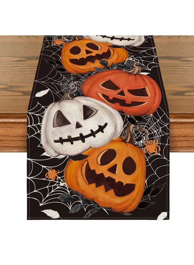 Artoid Mode Black Pumpkins Spider Web Halloween Table Runner, Seasonal Fall Kitchen Dining Table Decoration for Home Party Decor 13x72 Inch - Image 1