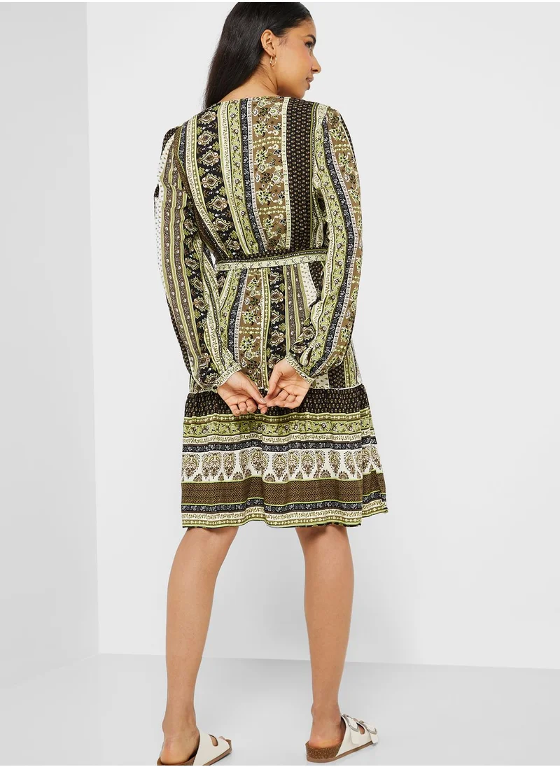 VERO MODA Printed V-Neck Belted Dress