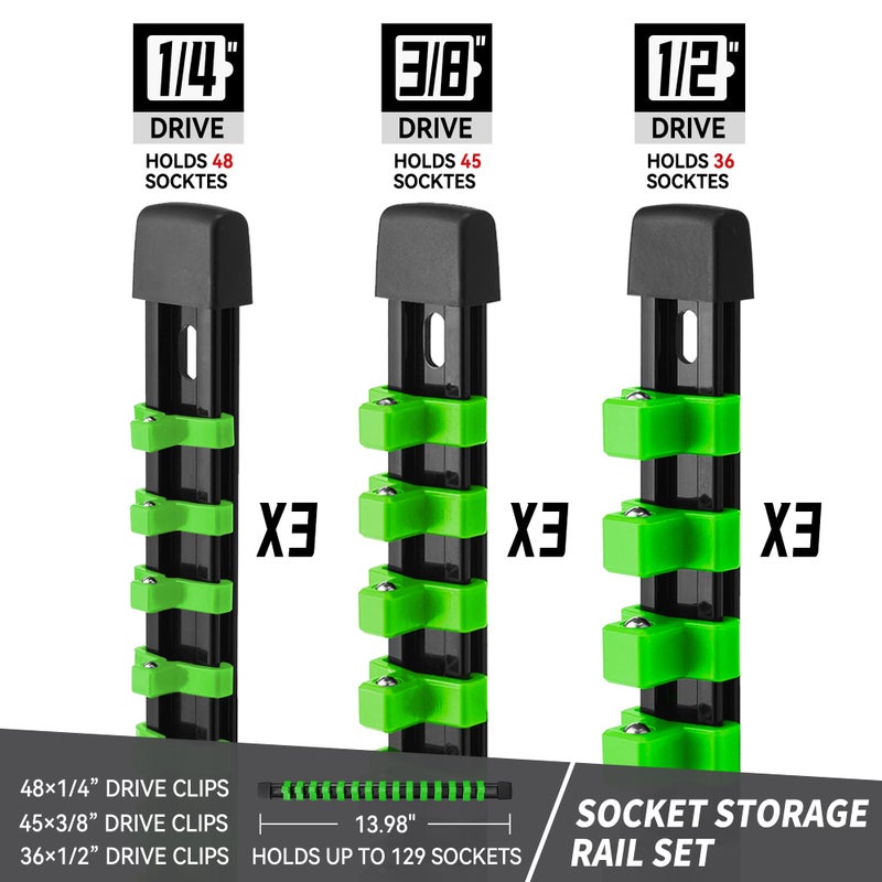 Reniteco Socket Organizer Drive Abs Tools - Green Socket Holder  Premium Quality 9 Pieces Socket Holders Kit 1/4-Inch X 48 Clips  3/8-Inch X 45 Clips  1/2-Inch X 36 Clips(9Pc Green - Image 2