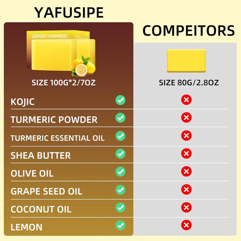 YAFUSIPE صابون الليمون والكركم وحمض الكوجيك - صابون كركم للوجه والجسم واليدين - تنظيف عميق - صابون استحمام طبيعي بالكركم - مرطب للوجه - غسول للجسم لجميع أنواع البشرة - لمعان خالي من العيوب - 2 بار - Image 5