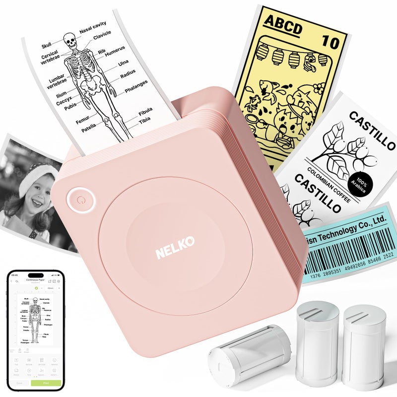 Nelko Sticker Printer, PM230 Print Pod Mini Bluetooth Portabel Sticker Maker with 3 Rolls Paper, Print Pods Mini Printer with Multiple Templates for Phone & Tablet, for Valentine's Day Gifts, Pink - Image 1