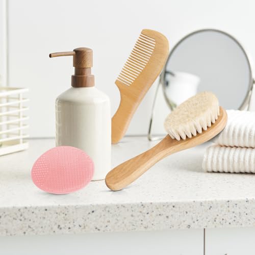 Molylove 3PCS Baby Hair Brush with Wooden Handle and Comb Set for Newborns & Toddlers | Natural Soft Goat Bristles l Wood Comb l Pink Silicone Brush| Ideal for Cradle Cap - Image 3
