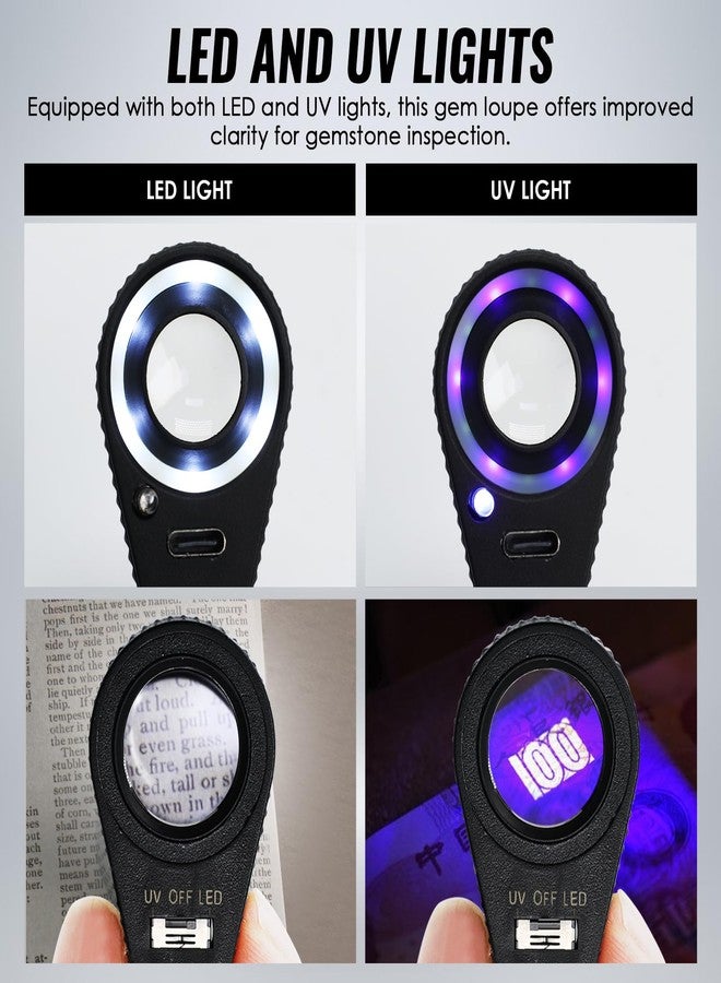 DANOPLUS عدسة مجوهرات 10x مع أضواء UV و LED، مكبر 10x قابل لإعادة الشحن، عدسة ثلاثية من الزجاج البصري بقطر 22 مم، عدسة مجوهرات، تكبير قابل للطي للمجوهرات والصخور والعملات - Image 5