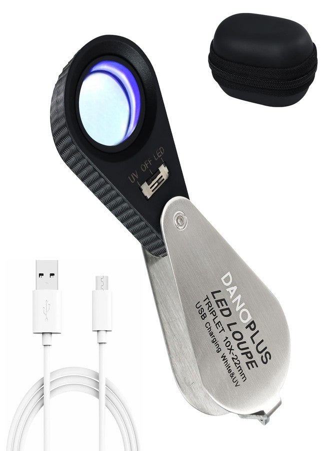 DANOPLUS عدسة مجوهرات 10x مع أضواء UV و LED، مكبر 10x قابل لإعادة الشحن، عدسة ثلاثية من الزجاج البصري بقطر 22 مم، عدسة مجوهرات، تكبير قابل للطي للمجوهرات والصخور والعملات - Image 1