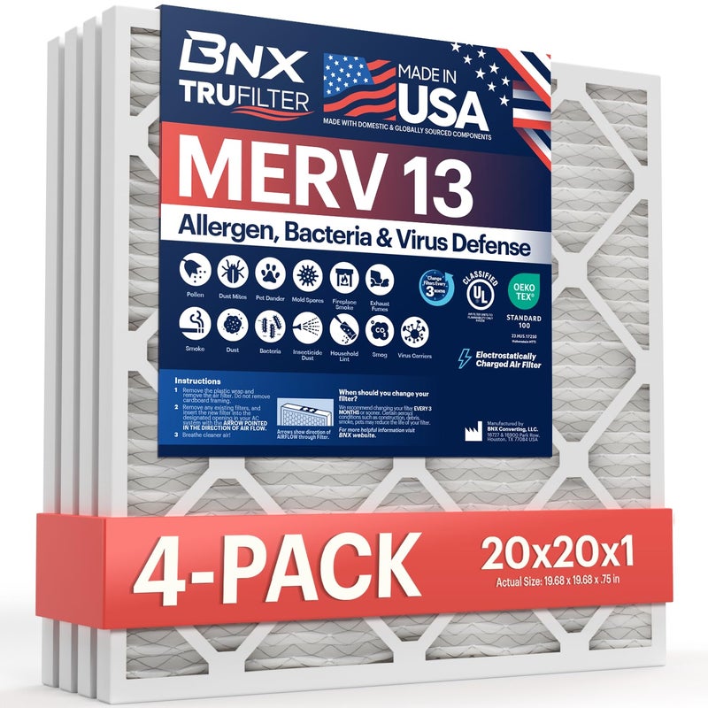 BNX فلتر هواء BNX TruFilter 20x20x1 MERV 13 (عبوة 4) - مصنوع في الولايات المتحدة الأمريكية - فلتر هواء مكيف هواء HVAC فلتر فرن - يزيل حبوب اللقاح، العفن، البكتيريا، الدخان - Image 1