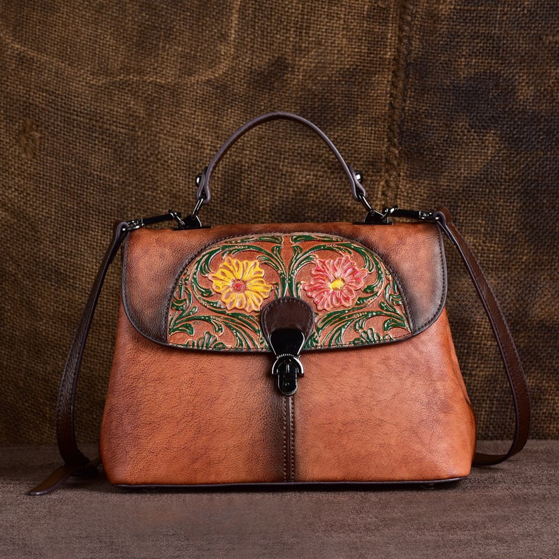 First-Layer Cowhide Women'S Bag Embossed Retro Hand-Rubbed Color Portable Cross-Body Bag Women'S High-End Guangzhou Factory One-Piece - Image 2