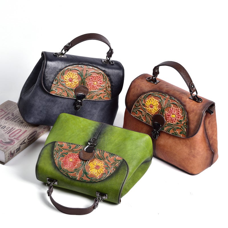 First-Layer Cowhide Women'S Bag Embossed Retro Hand-Rubbed Color Portable Cross-Body Bag Women'S High-End Guangzhou Factory One-Piece - Image 5