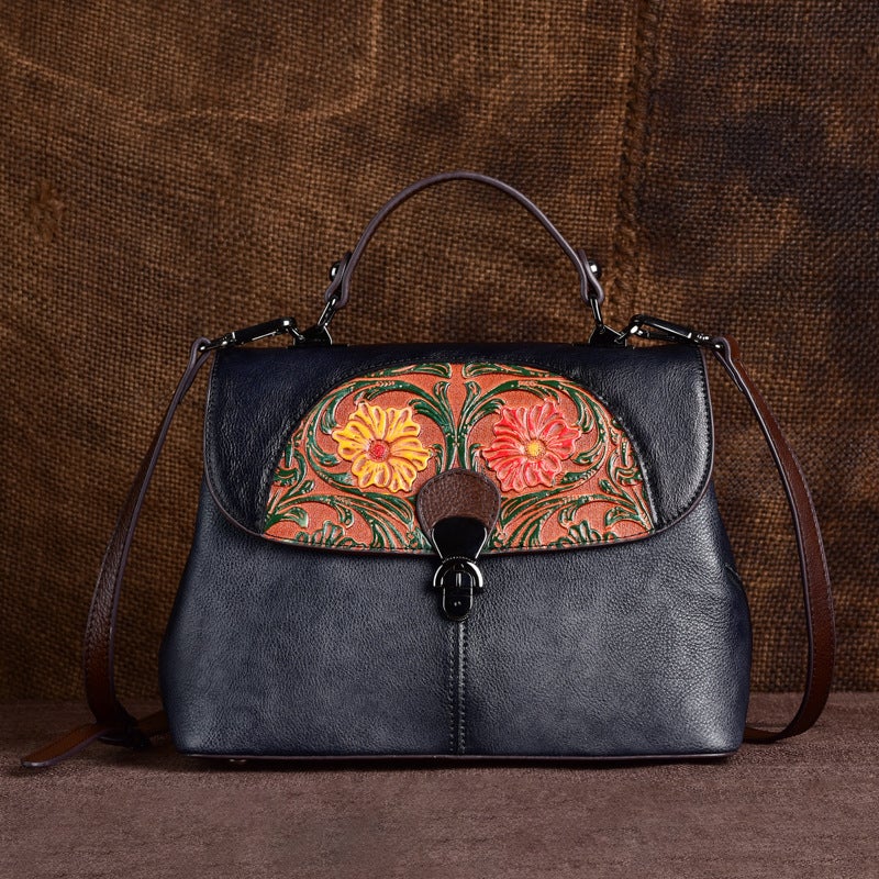 First-Layer Cowhide Women'S Bag Embossed Retro Hand-Rubbed Color Portable Cross-Body Bag Women'S High-End Guangzhou Factory One-Piece - Image 4