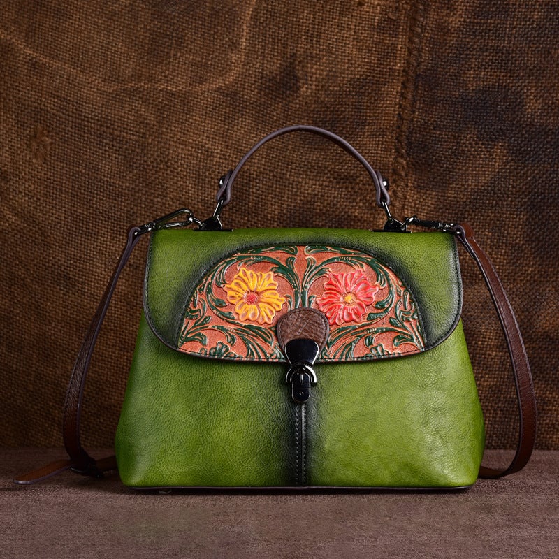 First-Layer Cowhide Women'S Bag Embossed Retro Hand-Rubbed Color Portable Cross-Body Bag Women'S High-End Guangzhou Factory One-Piece - Image 3