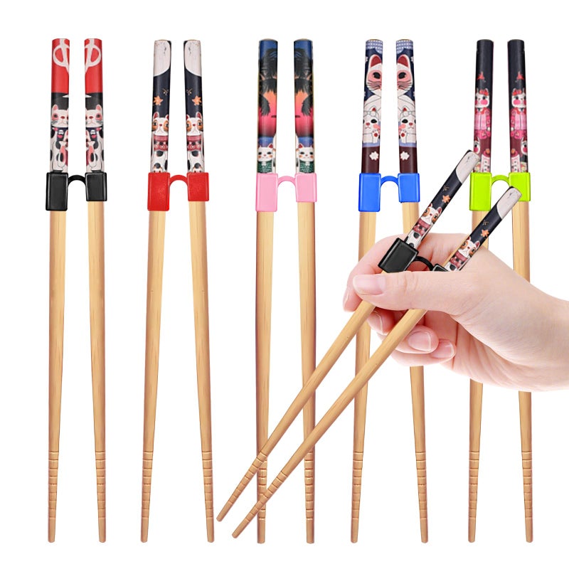 EAEDMY Training Chopsticks Set, 5 Pairs with Helpers, Wooden Reusable Chopsticks for Beginners, 8.86 Inches (2.Japanese pattern B) - Image 1