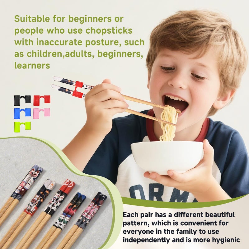 EAEDMY Training Chopsticks Set, 5 Pairs with Helpers, Wooden Reusable Chopsticks for Beginners, 8.86 Inches (2.Japanese pattern B) - Image 3