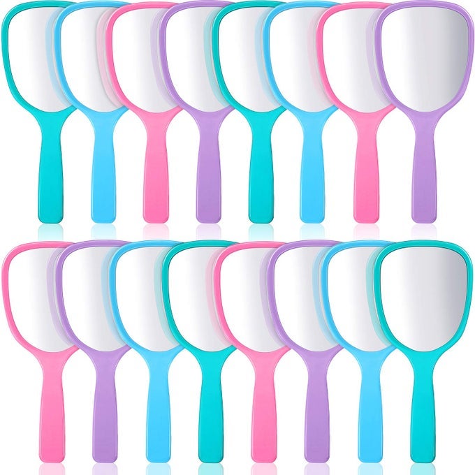 16 PCS HAND HANDHELD MIRROR WITH HANDLE PLASTIC TRAVEL MAKEUP HANDHELD COSMETIC MIRROR FOR TRAVEL 315 INCH WIDE 709 INCH LONG BLUEGREENPINKPURPLE