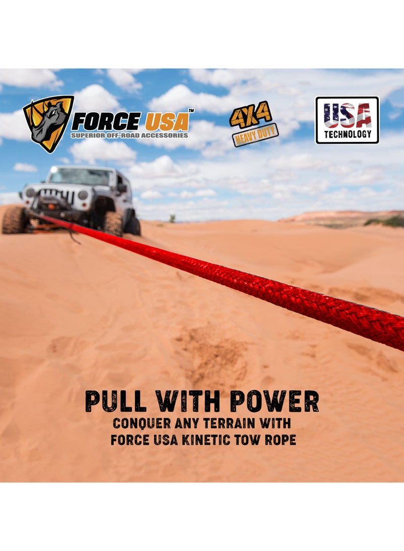 FORCE USA حبل سحب كينتيك بطول 9م وسعة 8.2 طن لاستعادة سيارات الدفع الرباعي والشاحنات - حزام استعادة ثقيل قابل للتمدد مع نهايات حلقة للاستخدام في الطرق الوعرة والرمال والطين والثلوج - Image 4