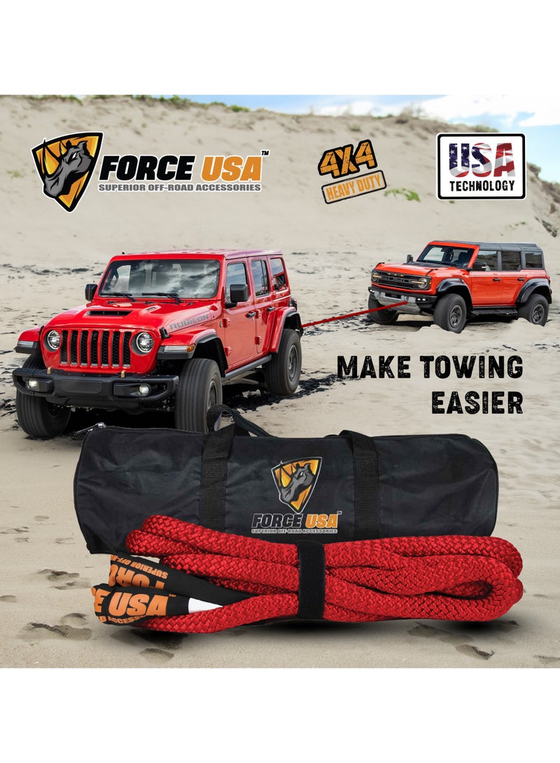 FORCE USA حبل سحب كينتيك بطول 9م وسعة 8.2 طن لاستعادة سيارات الدفع الرباعي والشاحنات - حزام استعادة ثقيل قابل للتمدد مع نهايات حلقة للاستخدام في الطرق الوعرة والرمال والطين والثلوج - Image 3