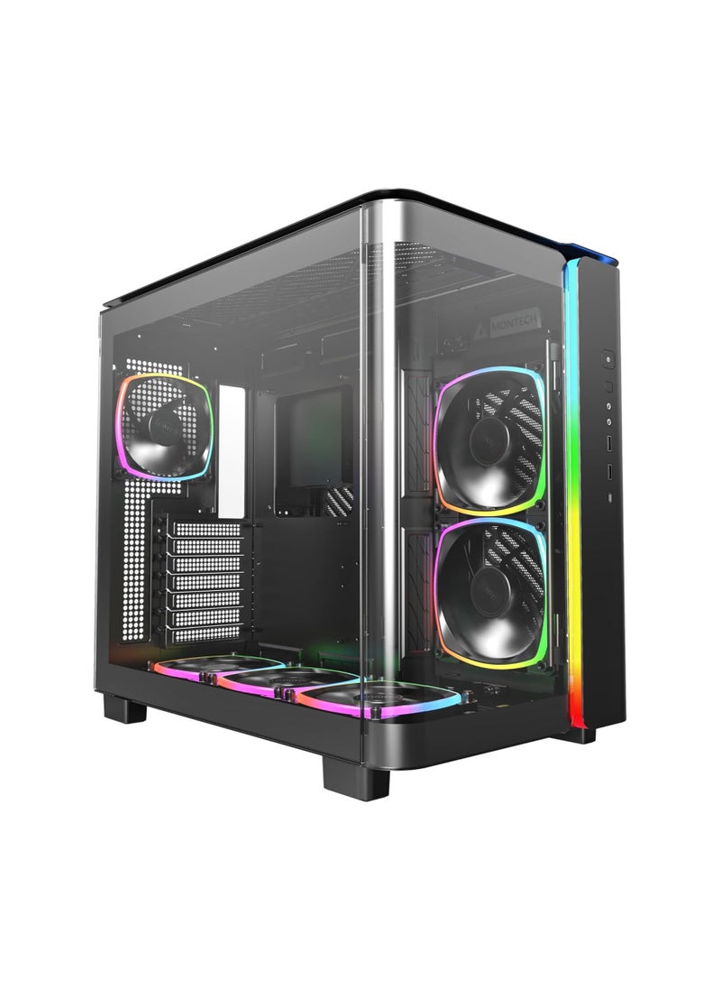 MONTECH - King 95 PRO Dual-Chamber ATX Mid-Tower PC Gaming Case, High-Airflow, Toolless Panels, Sturdy Curved Tempered Glass Front, Six ARGB PWM Fan Pre-Installed with Fan Hub, Black - Image 1