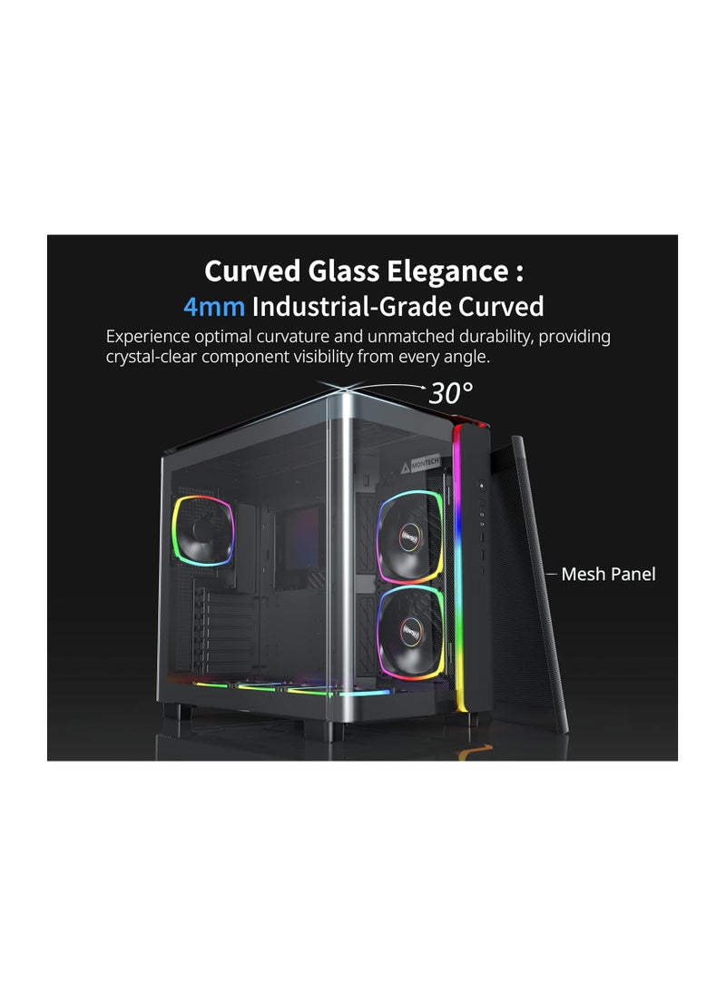 MONTECH - King 95 PRO Dual-Chamber ATX Mid-Tower PC Gaming Case, High-Airflow, Toolless Panels, Sturdy Curved Tempered Glass Front, Six ARGB PWM Fan Pre-Installed with Fan Hub, Black - Image 1