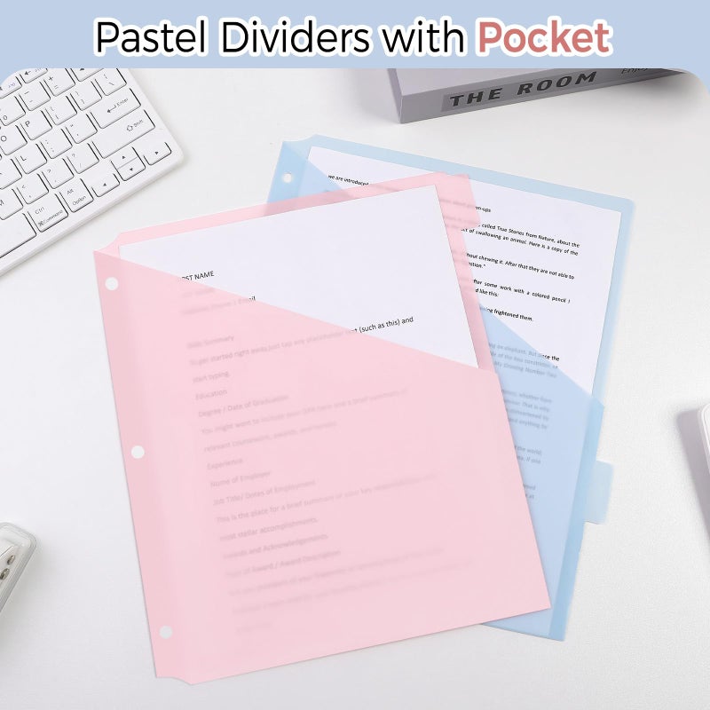 SKYDUE Pastel Binder Dividers with Pockets â€“ 8-Tab Durable Plastic Dividers for 3-Ring Binder, Single Pocket File Organizers with Matching Label Stickers - Image 2
