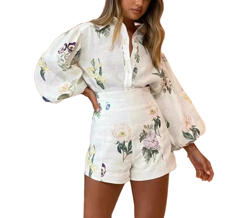 Molilove Womens 2 Piece Outfit Hawaiian Long Sleeve Button Down Shirt and Shorts Tracksuit Lounge Set,Beige,X-Large - Image 1