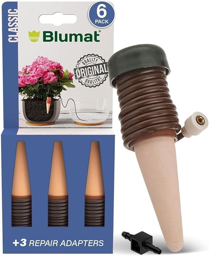 Blumat Classic Self-Watering Stakes - Prevents Overwatering and Underwatering for Healthy Growth While You are Away - Ideal for Indoor Plant Watering, 6 Pack, w Adapter - Image 1