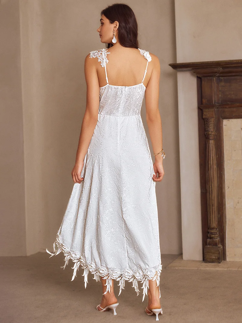 Simplee V Neck Thin Strap Lace Maxi Dress, Raw Edge Irregular Hem, Romantic Vacation Lace Dress