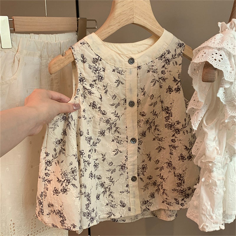 Cream Set 2024 Summer New Elegant Childrens Vest Wide Leg Pants Two-Piece Western Style Girls Clothes 5747-apricot top