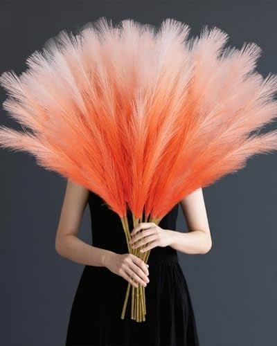 TORONTOKYO 8Pcs Orange Faux Pampas Grass Tall Decor 354 Fluffy Artificial Pompous Grass Branches Large Pampas Grass Reed Stems for Floor Vase Filler Wedding Baby Shower Home Boho Fall Decor - Image 1