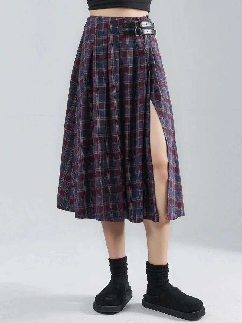 زوبعة تنورة ميدي مربعات بطيات مع حزام