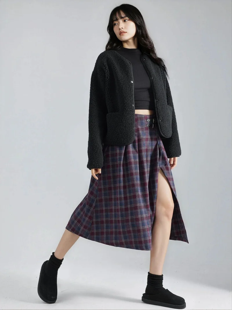 زوبعة تنورة ميدي مربعات بطيات مع حزام