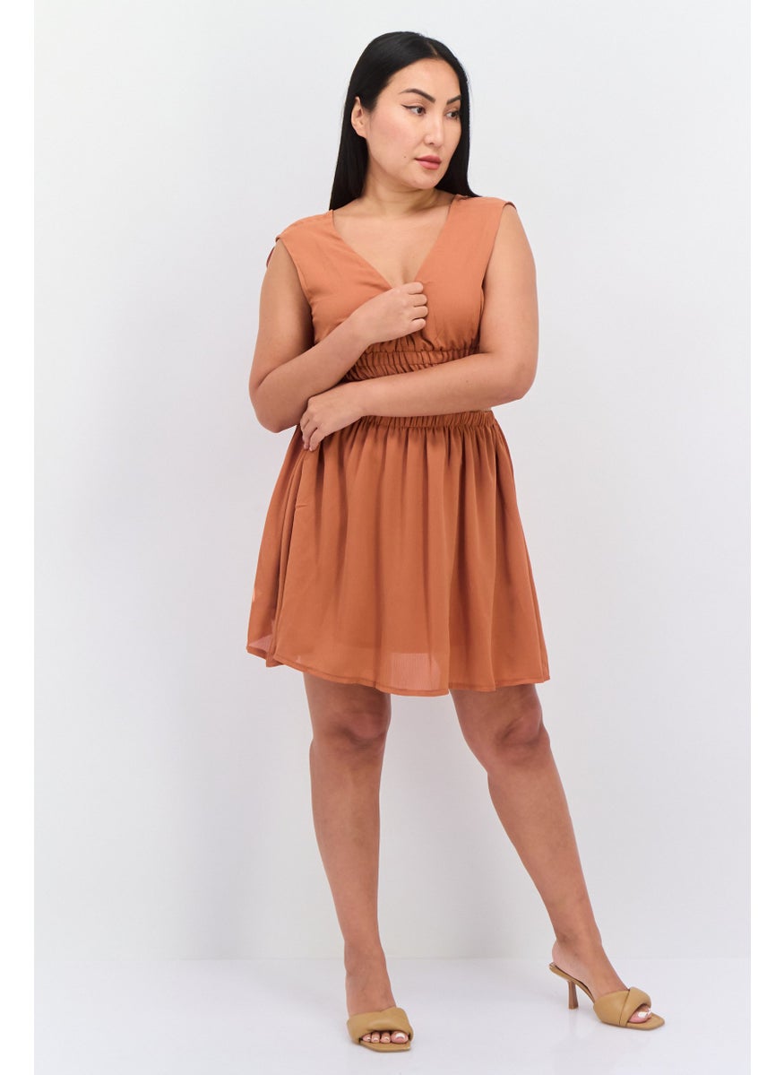Parallel Lines - Women Textured Mini Dress, Brown - Image 1