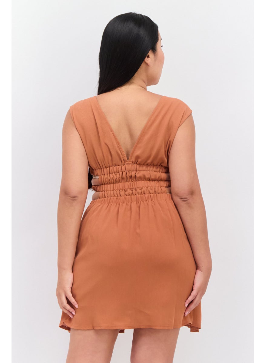 Parallel Lines - Women Textured Mini Dress, Brown - Image 1