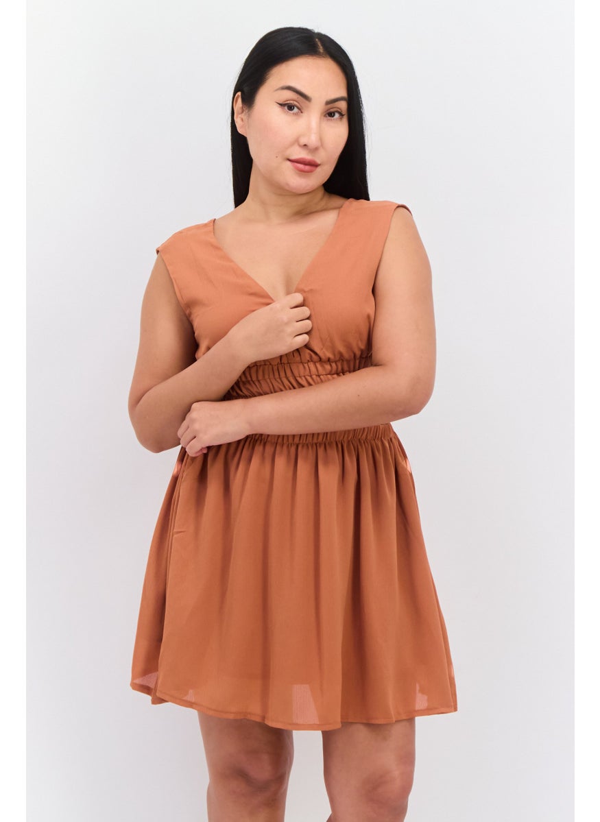 Parallel Lines - Women Textured Mini Dress, Brown - Image 1