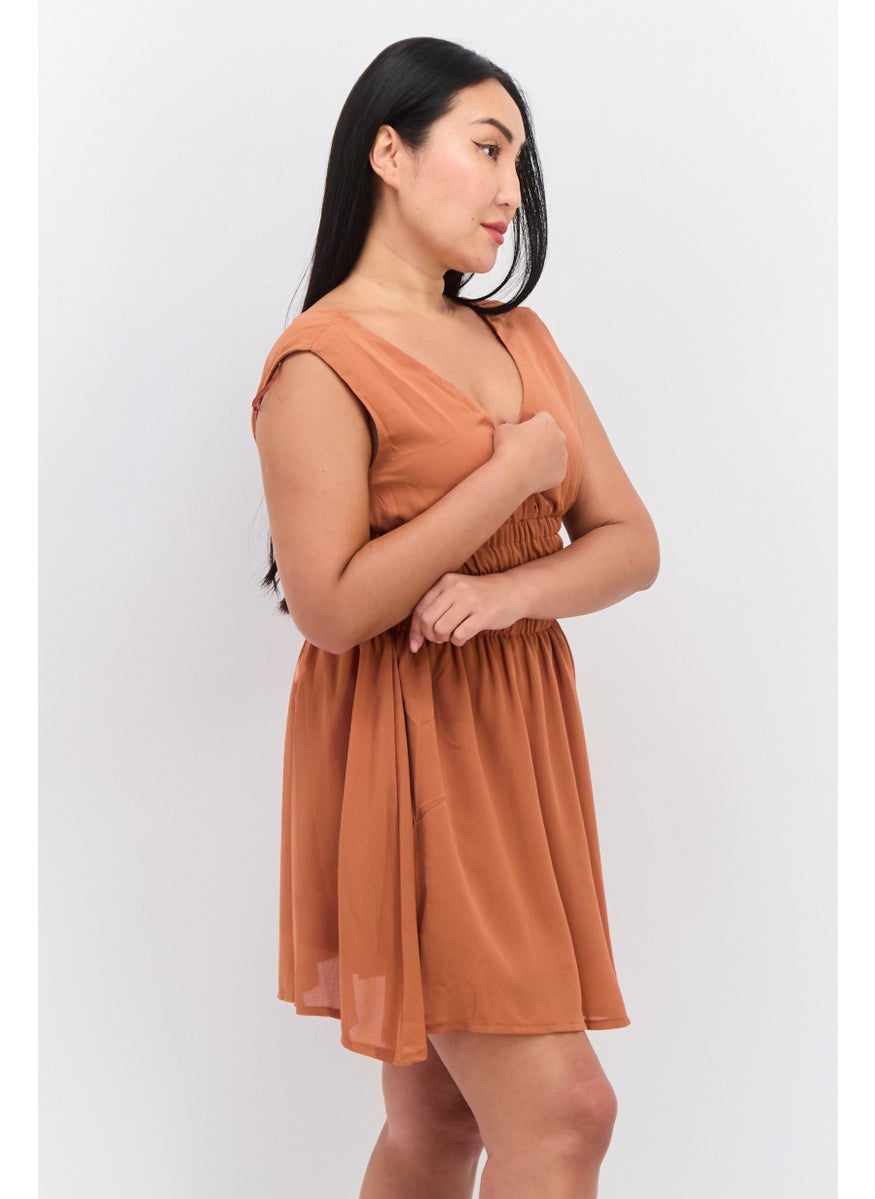 Parallel Lines - Women Textured Mini Dress, Brown - Image 1