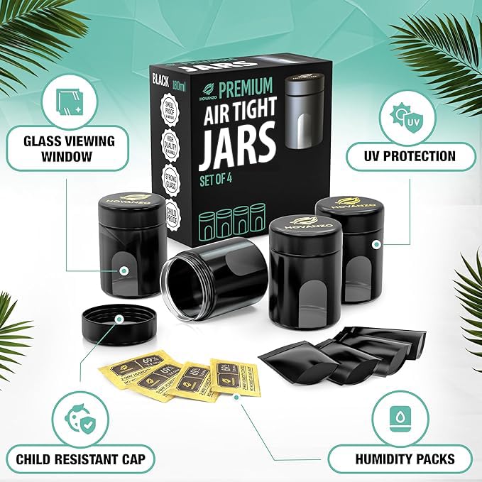 HOVANZO Premium Airtight Glass Storage Jars 180/120ml with 69% Humidity Control 4 Packs - UV Air Tight Jars with Child-Resistant Lid - Airtight Jar Container, Air Tight Storage,Storage Jars for Herb/Spice - Image 2