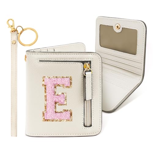 COSHAYSOO Teen Girl Gifts Trendy Stuff Initial Wallet RFID Bifold Tween Girls Christmas Stocking Stuffer Presents for Her Personalized Preppy Things Chenille Letter E Cream - Image 1