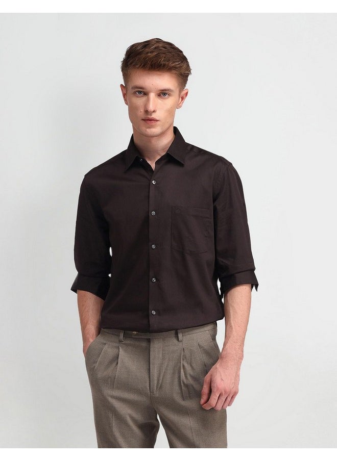 Arrow - Arrow Men's Brown Solid - Cutaway Collar Full Sleeves Formal Shirt with Chest Pocket | Cotton Fabric | Slim Fit - Image 1
